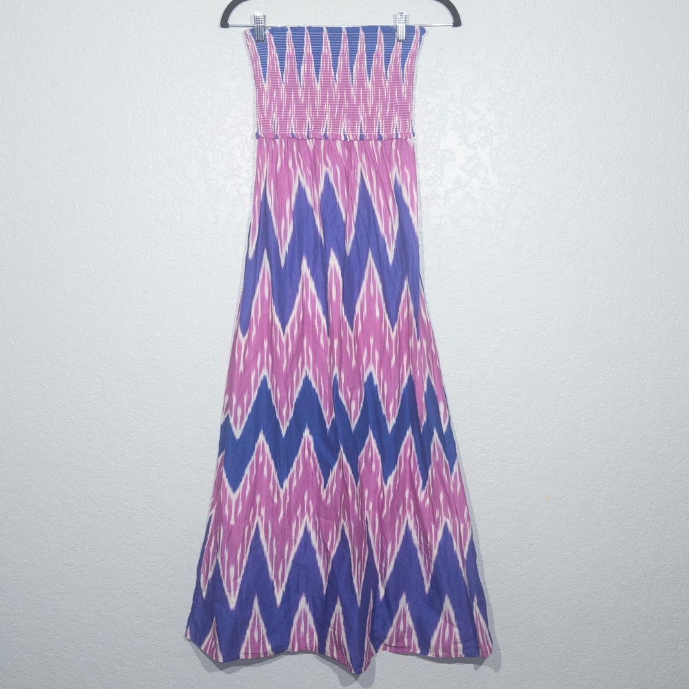 Zara Purple & Pink Geometric Smocked‎ Strapless Maxi Dress Size XS